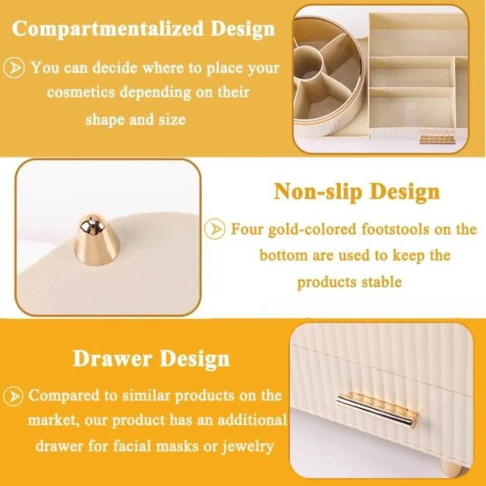 New Green 360° Rotating Makeup Organizer with Drawer & Brush Holder for Vanity